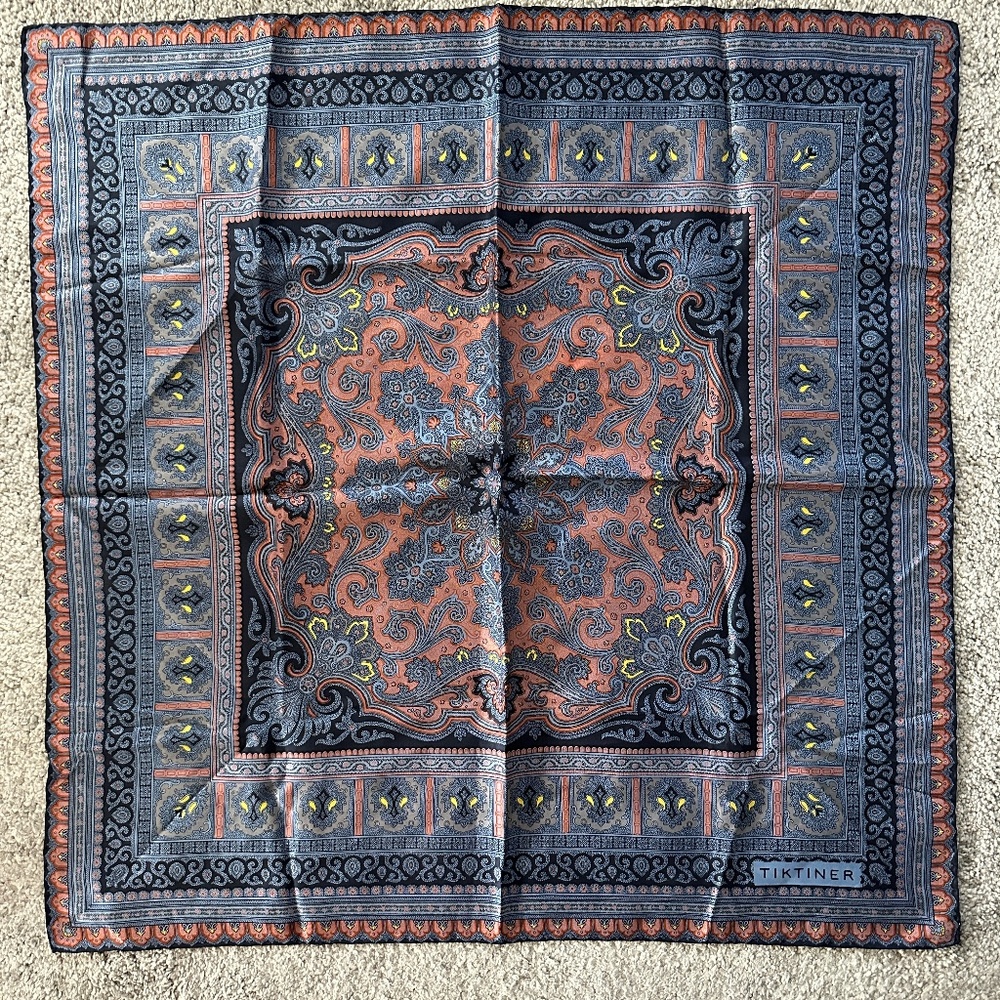 Vintage TIKTINER  hand rolled Silk Scarf 1970's Paisley Art DEco
